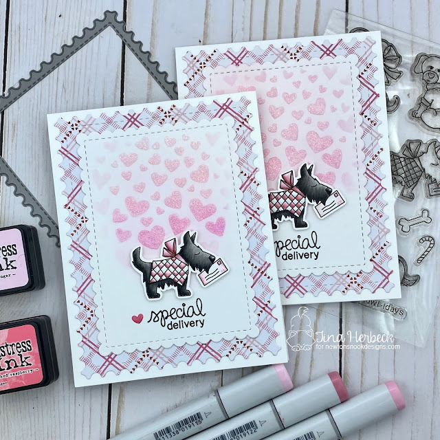 Special Delivery Card Set by Tina Herbeck | Canine Christmas Stamp Set, Tumbling Hearts Stencil and Framework Die Set by Newton's Nook Designs