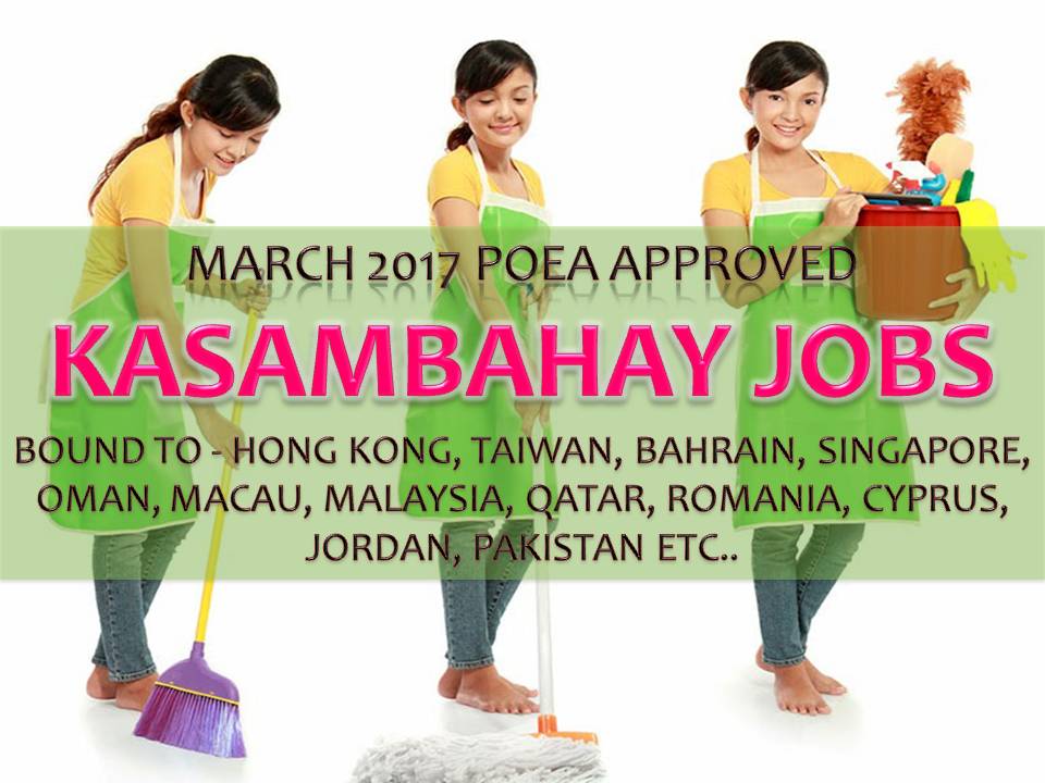 Another job opportunities for Filipinos who want to try their luck working in other countries as household workers or domestic workers.  If you are interested, scroll down below to see the list of job orders from the website of Philippine Overseas Employment Administration (POEA). Please be reminded that we are not a recruitment industry and we are not affiliated to any of the agencies mentioned here below. All the job orders were taken from the POEA jobs order website and were only linked to agency details for easier navigation for the visitors. 