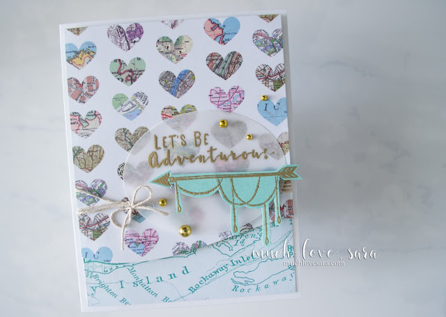 This fun card features the Happy Adventure Stamp Set, and Sunday Adventure prints from Fun Stampers Journey.  The soft, sweet colors, gold accents, and "adventure" sentiment, make this a perfect card for someone with a gypsy soul.  