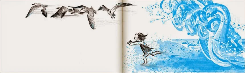 Una muestra más de páginas interiores del cuento La Ola ilustrado por Suzy Lee