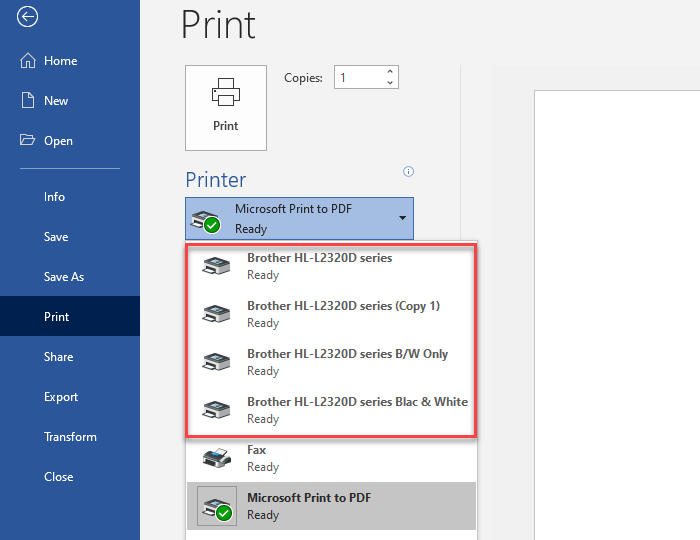 Установите несколько копий одного и того же принтера в Windows 10