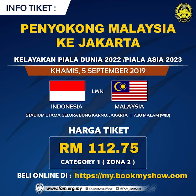 Harga Tiket Indonesia vs Malaysia Kelayakan Piala Dunia 5.9.2019