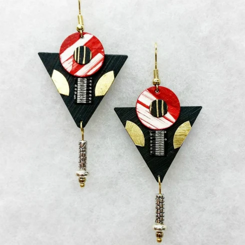 black, red, gold, and white mixed media earrings