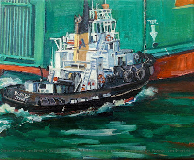 Plein air oil painting of the Svitzer tug 'Wonga' in Sydney Harbour with cargo ship 'Mountain Reliance'painted by marine artist Jane Bennett