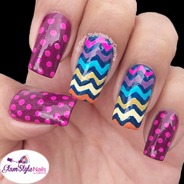 Glam Style Nails by Carolina: BLUE CHEVRON WITH PINK DOTS