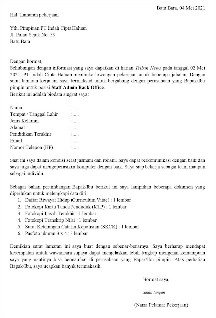 Contoh Surat Lamaran kerja Untuk Staff Admin Back Office (Fresh Graduate) Berdasarkan Informasi Dari Media Cetak (Majalah, Surat Kabar, Brosur, Dll) Contoh Surat Lamaran Kerja Untuk Staff Admin Back Office (Fresh Graduate)