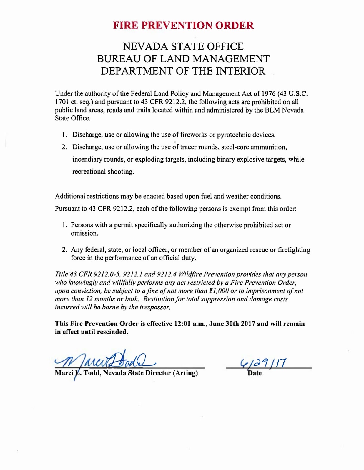Nevada Fire Information Nevada State Fire Prevention Order