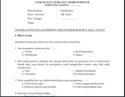 Soal Pas Seni Budaya Sbk Kelas 7 K13 Pg Essay Sem 1 Ganjil Soal Pelajaran