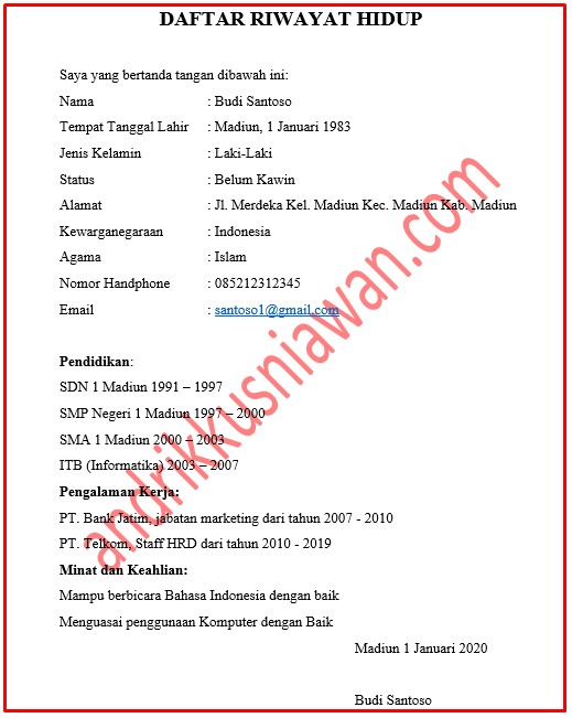 Contoh Daftar Riwayat Hidup Yang Baik Dan Benar