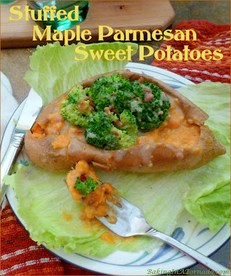 Stuffed Maple Parmesan Sweet Potatoes for lunch or with dinner, vegetables never tasted so good! | Recipe developed by www.BakingInATornado.com | #recipe #vegetable