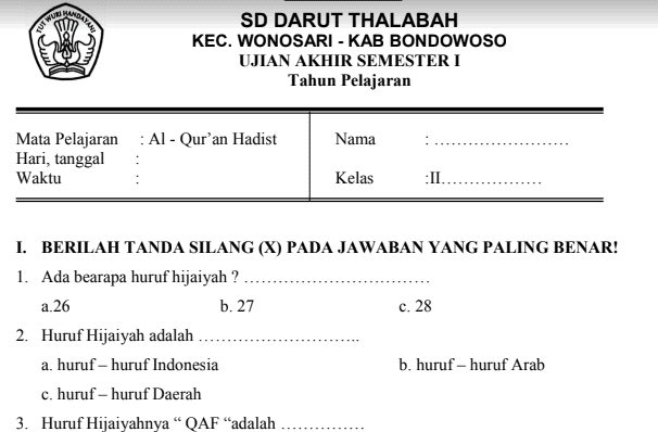 Contoh Soal Quran Hadits Kelas 1 Semester 2