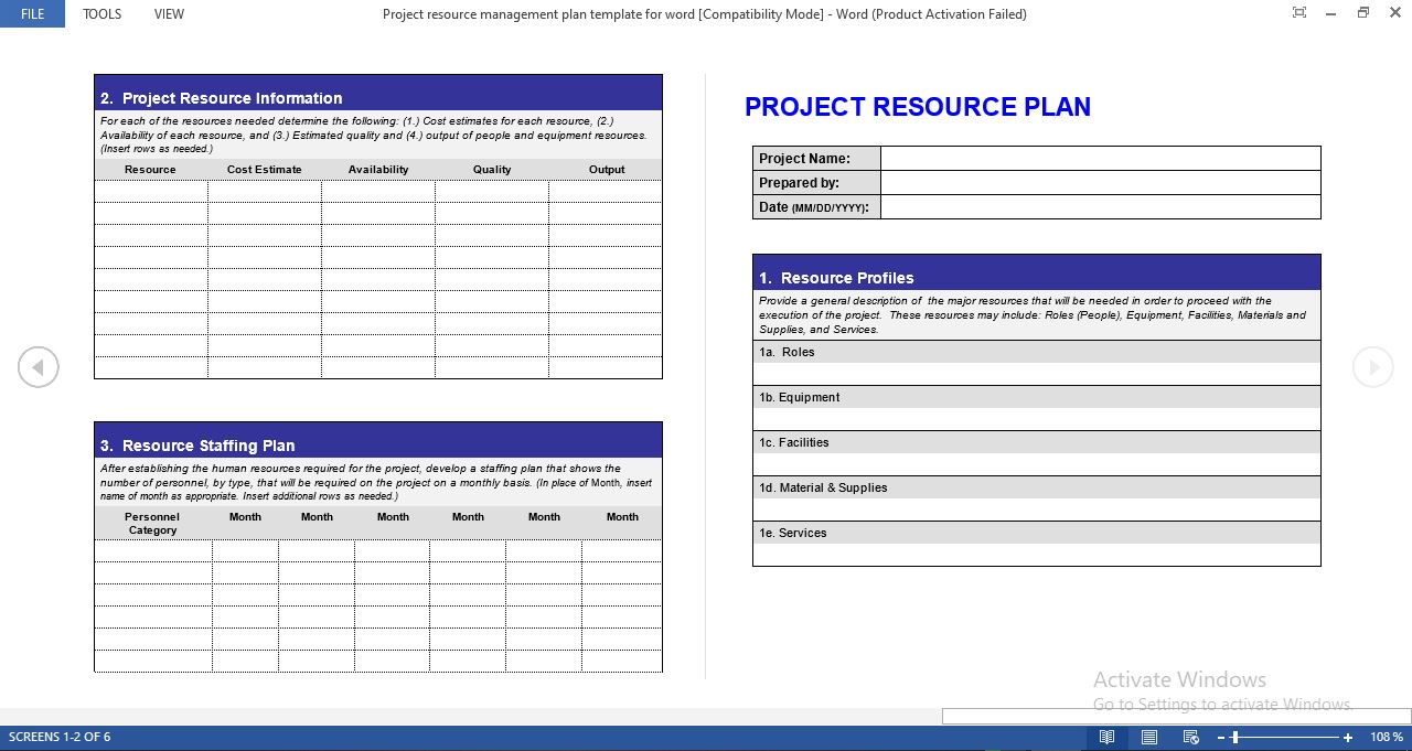 Project Resource Management Plan Template For Word
