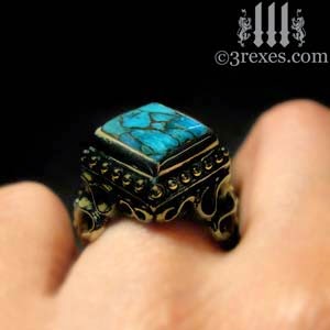 Gothic Dark Brass Raven Love Cocktail Ring with Blue Copper Turquoise