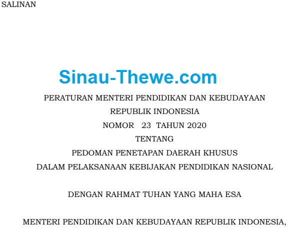 Download Permendikbud Nomor 23 Tahun 2020 Tentang Pedoman Penetapan Daerah Khusus Dalam Pelaksanaan Kebijakan Pendidikan Nasional Sinau Thewe Com