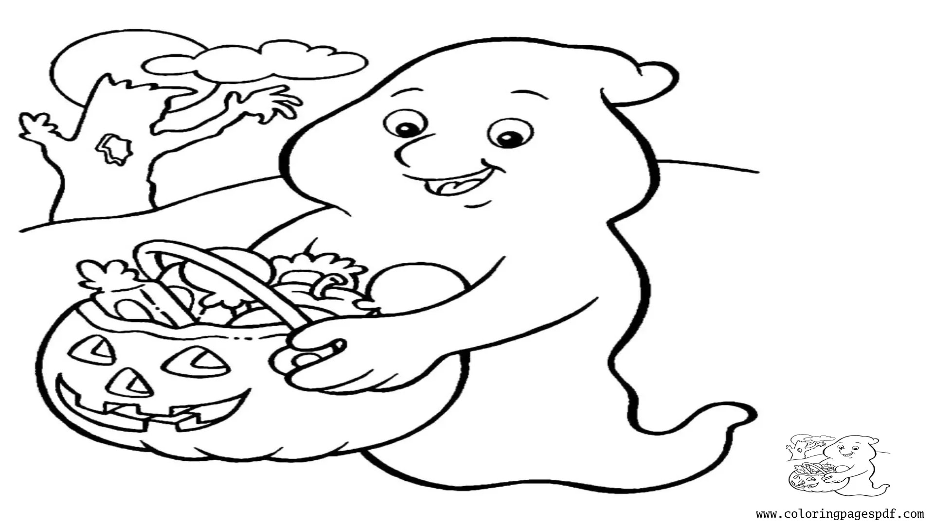 Coloring Page Of A Ghost Holding A Bucket Full Of Candy