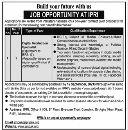 www.ipripak.org - IPRI Islamabad Policy Research Institute Jobs 2021 in Pakistan