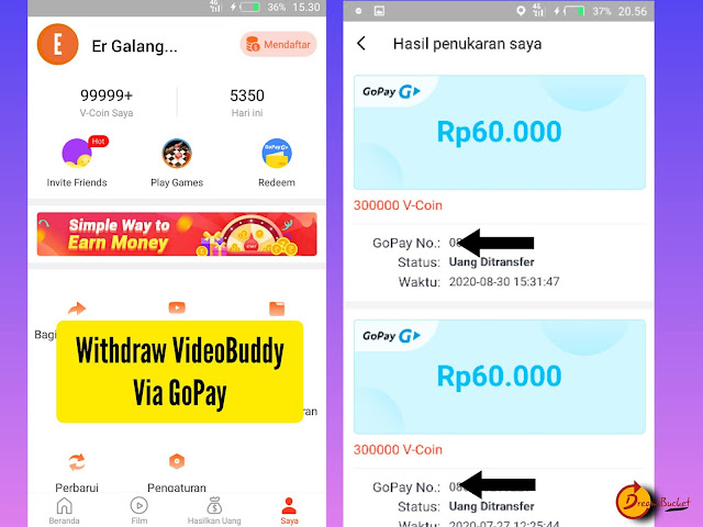 Withdraw VideoBuddy User Indonesia Via GoPay Gojek