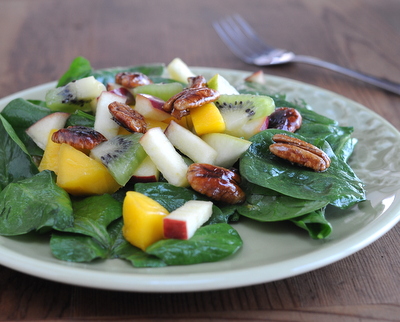Spinach Salad with Fruity Vinaigrette, Fresh Fruit & Maple-Glazed Pecans ♥ KitchenParade.com, a big dinner salad, fresh and green with a rainbow of fruit and g-o-r-g-e-o-u-s Maple-Glazed Pecans, all lightly dressed in a Fruity Vinaigrette.