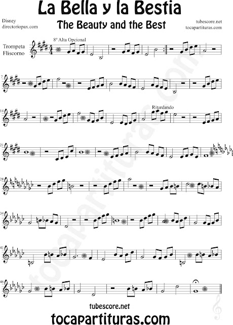 Partitura de La Bella y la Bestia para Trompeta y Fliscorno by Disney The Beauty and the Beast Sheet Music for Trumpet and Flugelhorn Music Scores