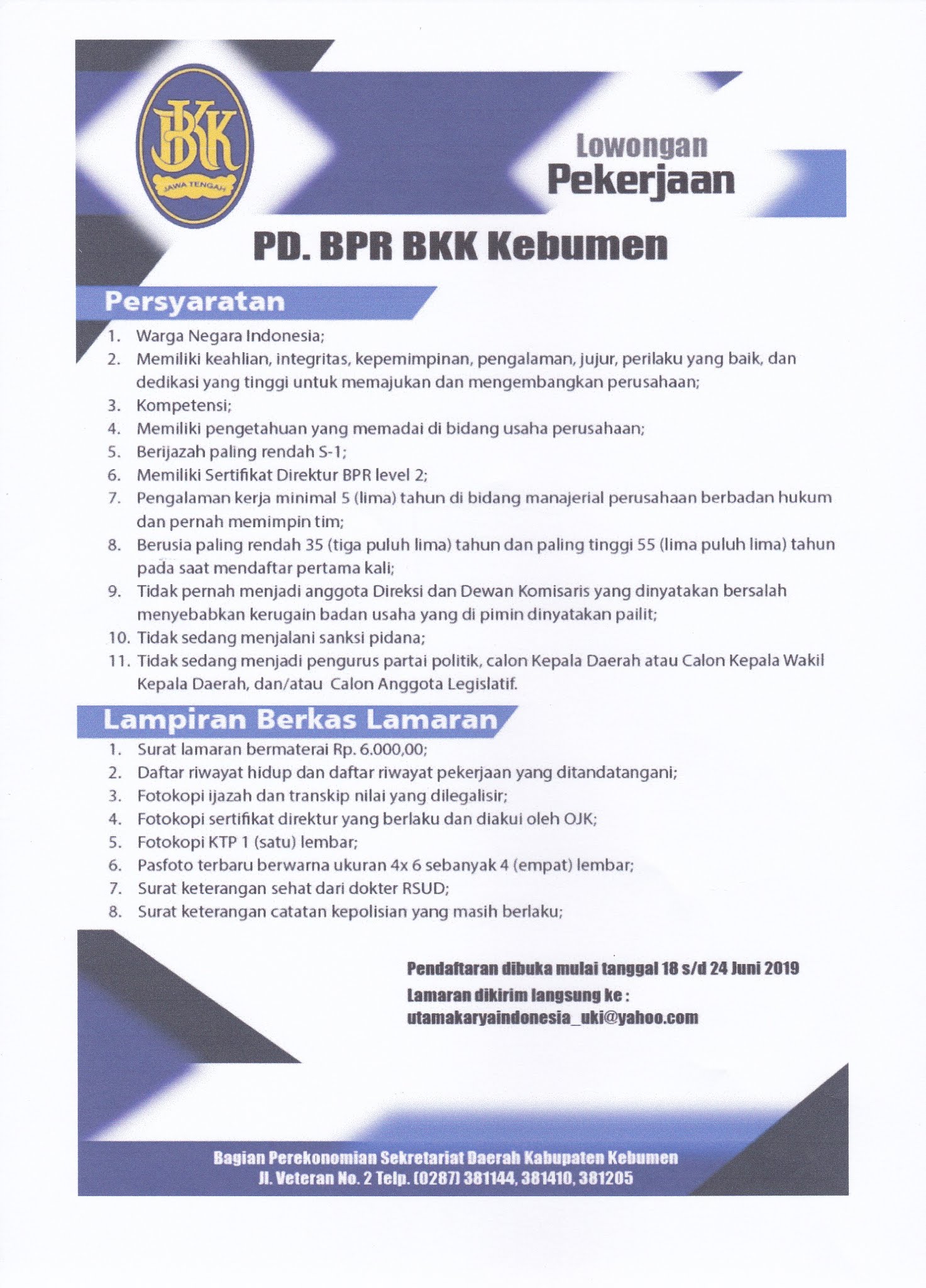 LOWONGAN PEKERJAAN DIREKTUR - PT. BPR BKK KEBUMEN