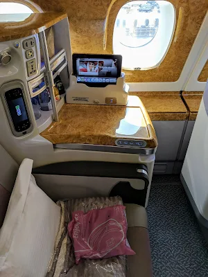In-seat mini-bar aboard the Emirates A380 Business Class service