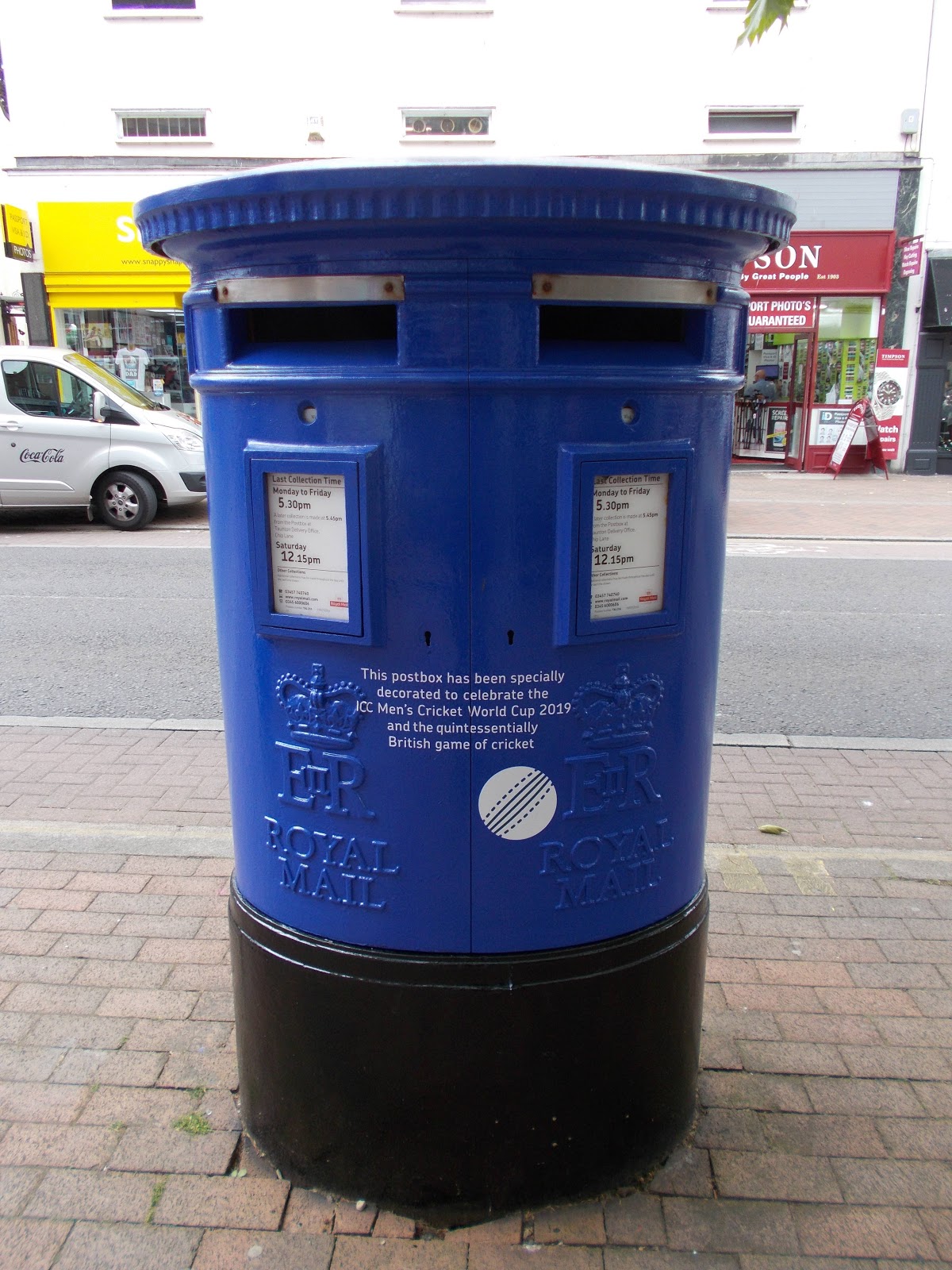 Off the Beaten Track in Somerset Taunton's Blue and then White Royal Mail Postbox ICC Cricket