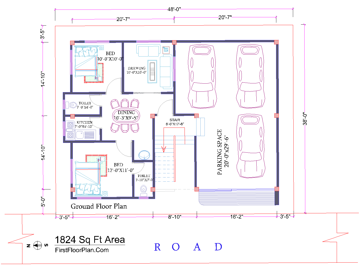 2D Floor Plan in AutoCAD with Dimensions | 38 x 48 | DWG and PDF File