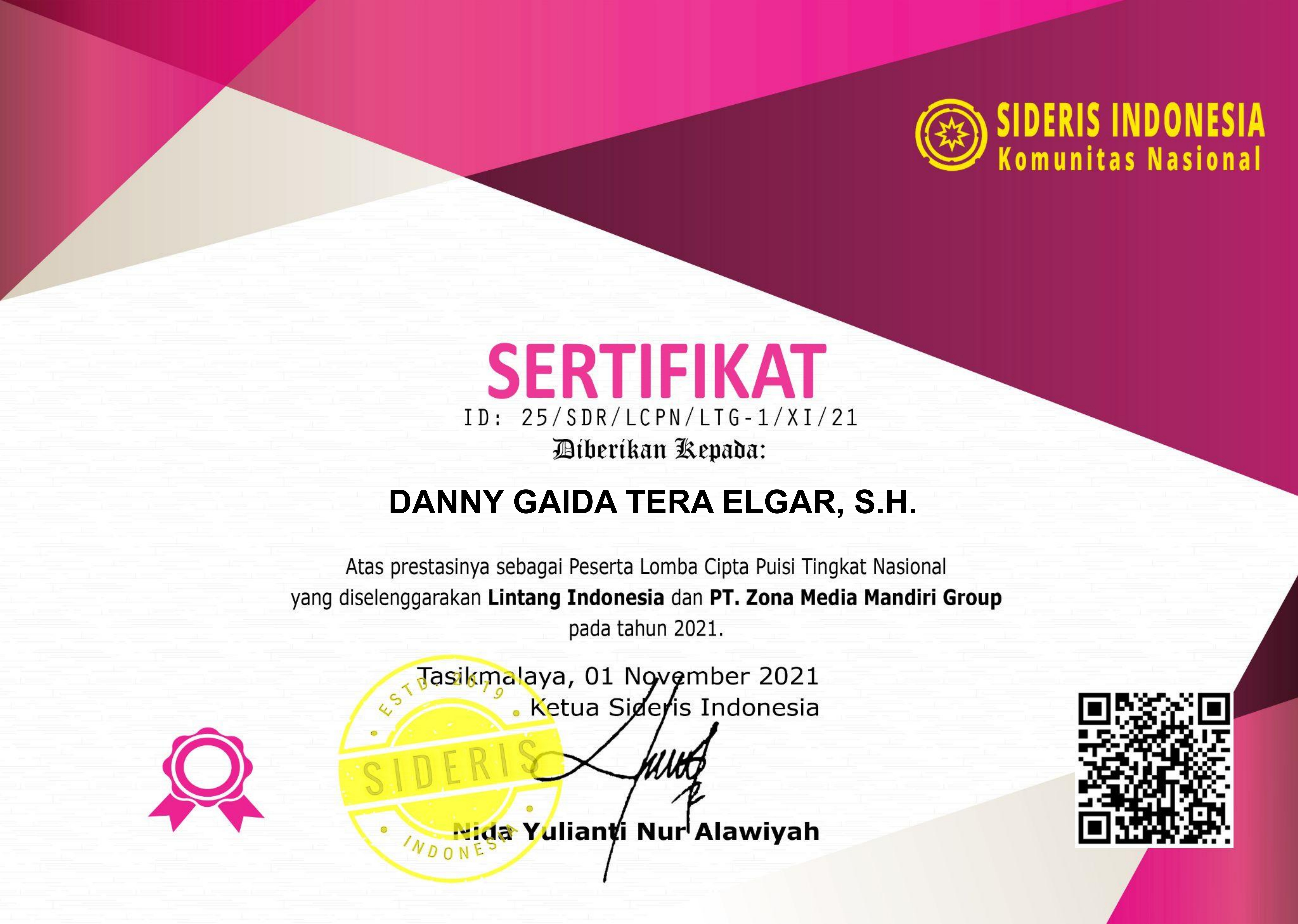 Sertifikat Penghargaan PESERTA Lomba Cipta Puisi Tingkat Nasional (KOMUNITAS SIDERIS INDONESIA)