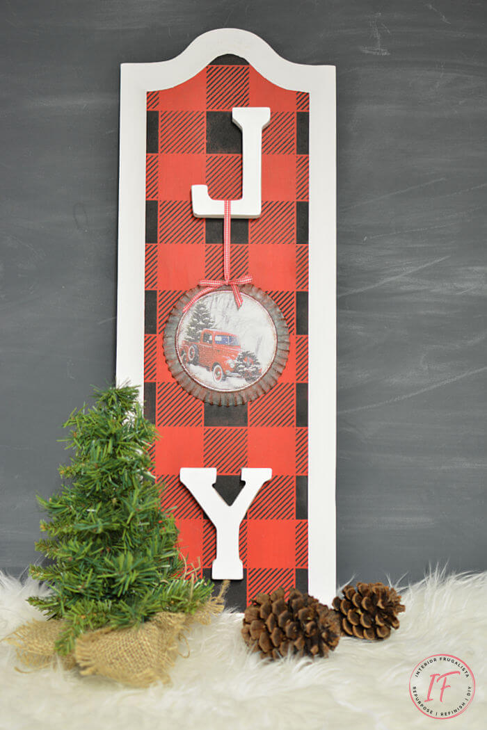 How to repurpose cabinet door panels into festive JOY Christmas Signs with stenciled buffalo check plaid for easy and cheap DIY Christmas decorations.