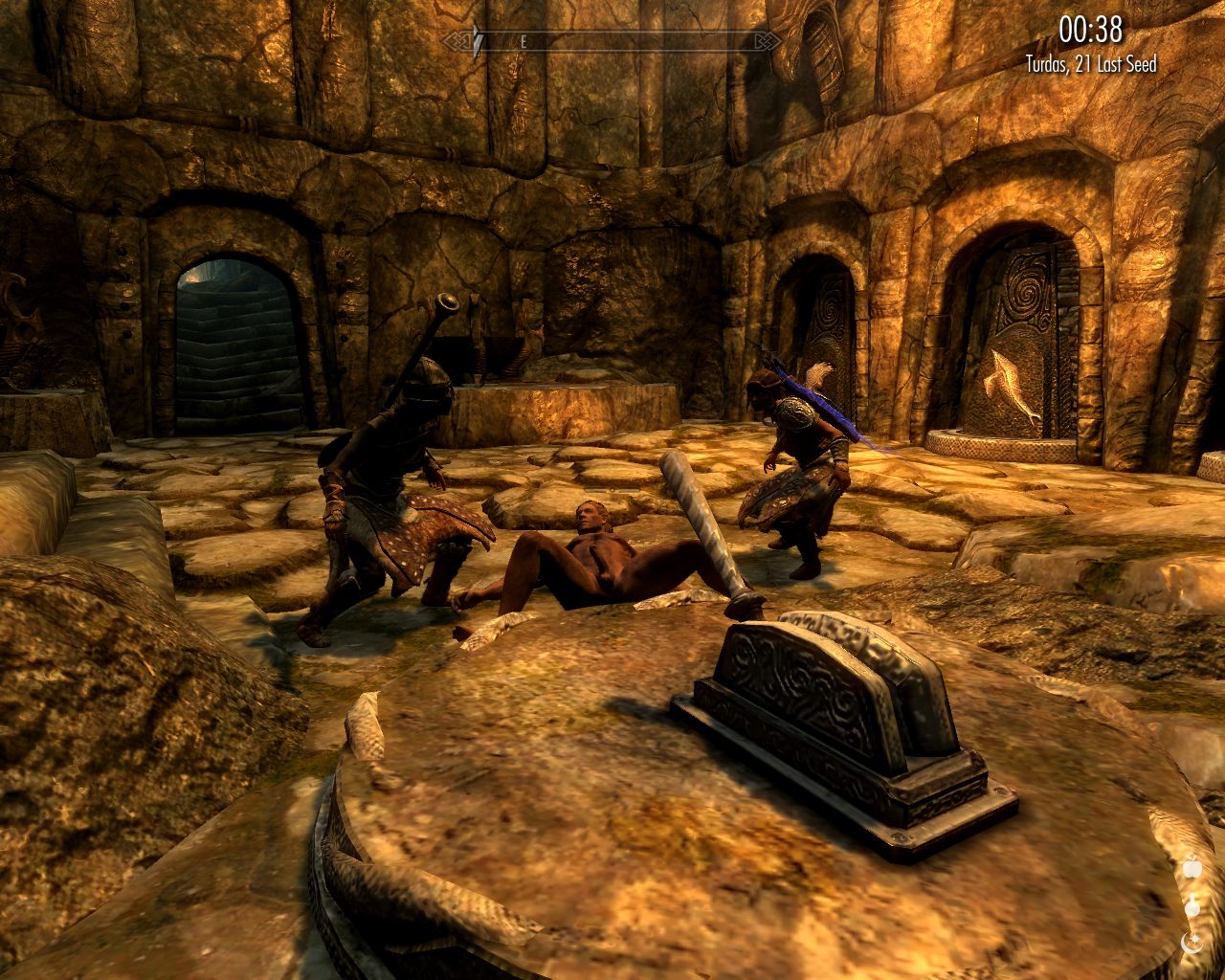 dungeon hall; Laura and one follower in sneak mode next to a man's corpse; a lever switch in the foreground