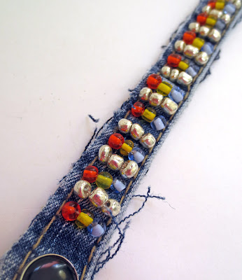 denim bracelet embellished with seed beads