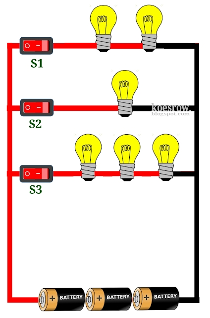 Contoh rangkaian paralel 3 sakelar dan 6 lampu