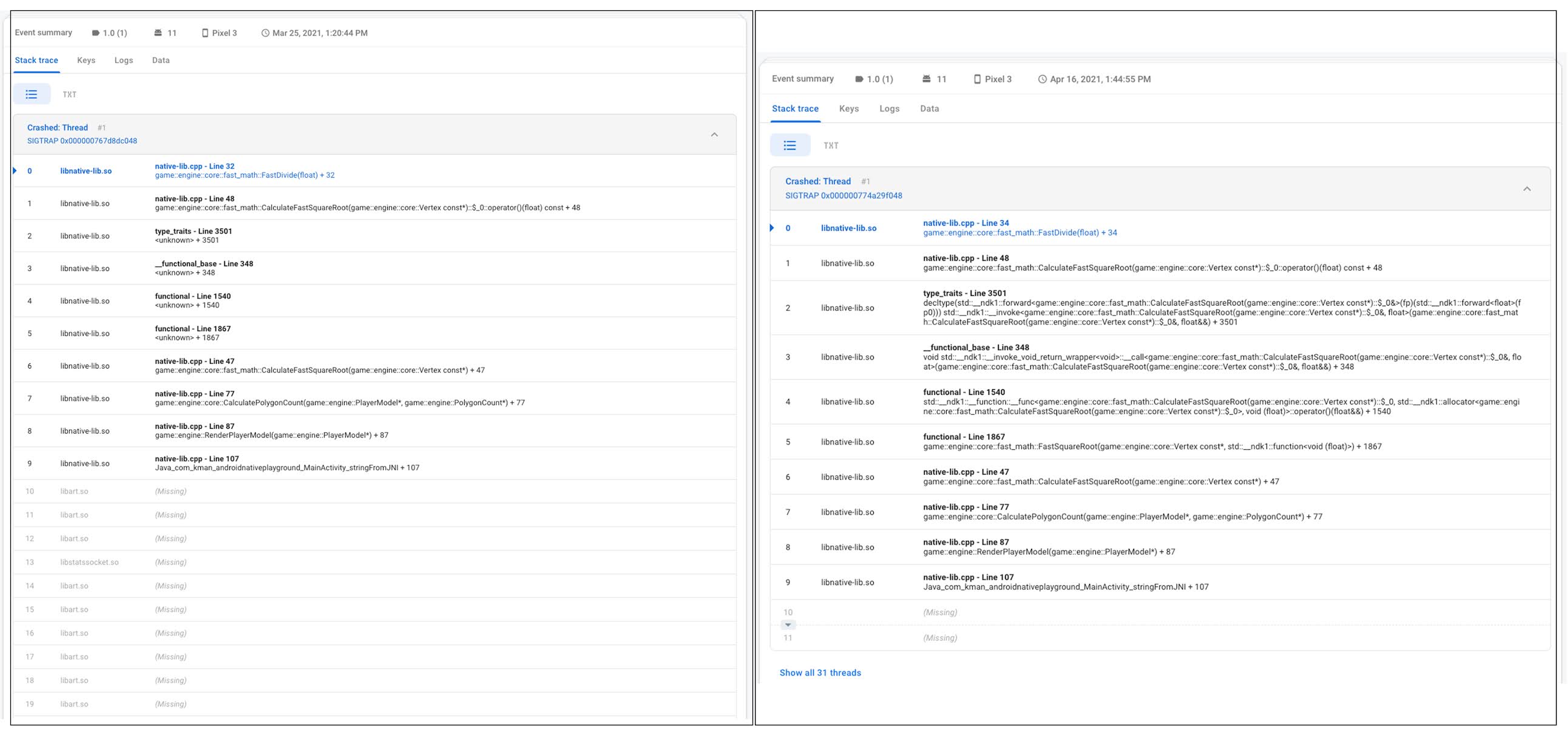 The left image shows a stack that is unwound using our previous symbol format, and the right image shows the same stack unwound using the Breakpad symbol file.