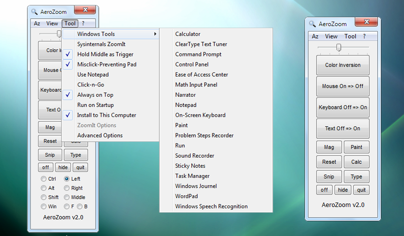 AeroZoom Panel and menus (from a previous version, 2.0, which does not include some new features)