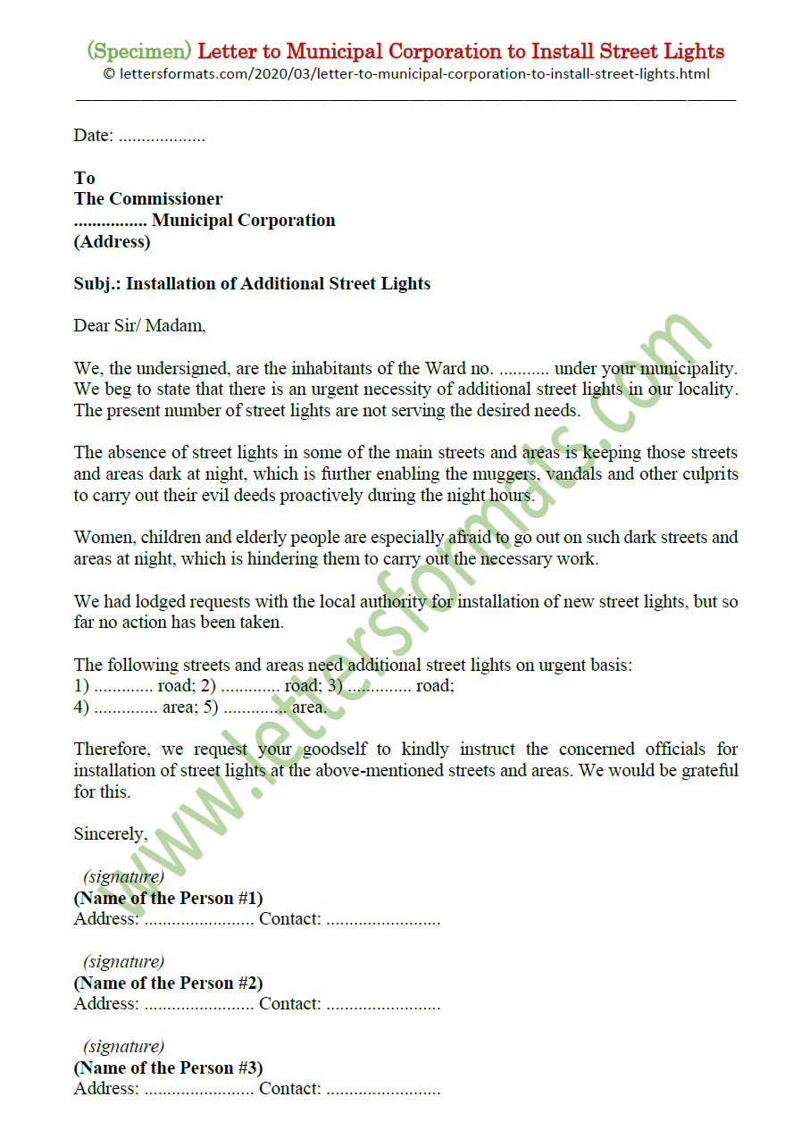 Request Letter to Municipal Corporation to Install Street Lights