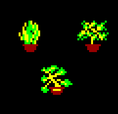 Animation of the plants from the 1980 arcade game, Crazy Climber.  The plants flip back and forth as they're dropped, using hardware sprite flipping.