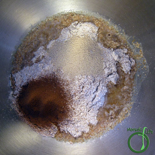 Morsels of Life - Outback Bread Step 4 - Combine molasses mixture with wheat flour mixture, adding in yeast and cocoa powder.