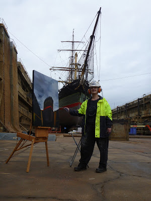 Plein air oil painting of tall ship James Craig in Garden Island Drydock painted by industrial heritage artist Jane Bennett