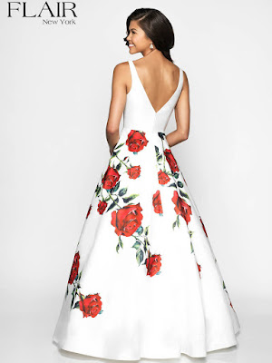 V-neck Floral Flair Print mikado Prom Ivory-red rose dress