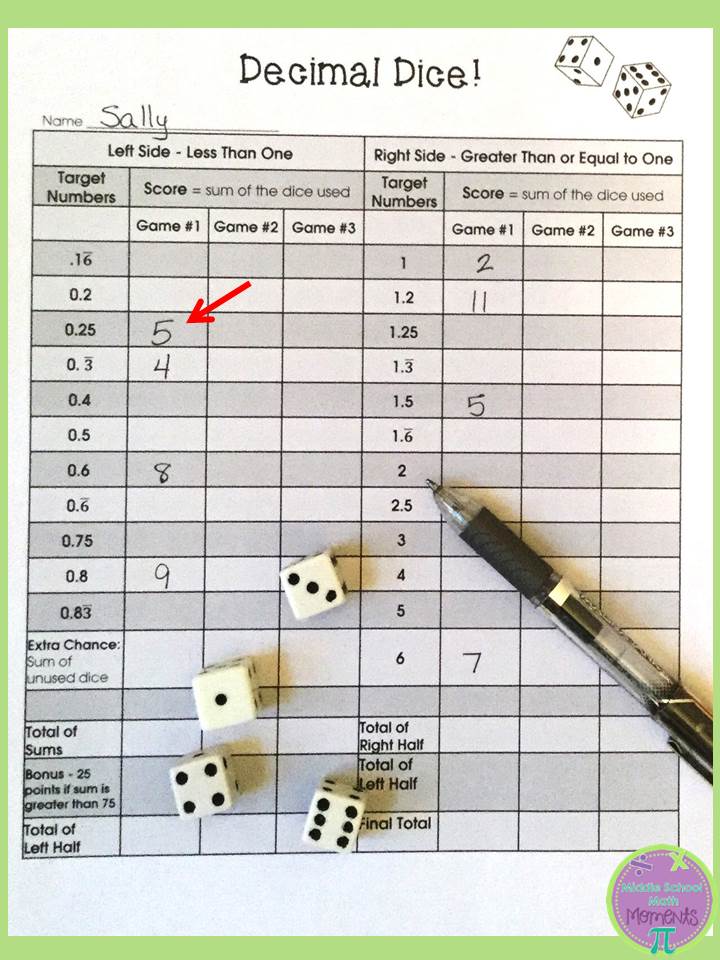 Middle School Math Moments (and more!) Playing "Decimal Dice