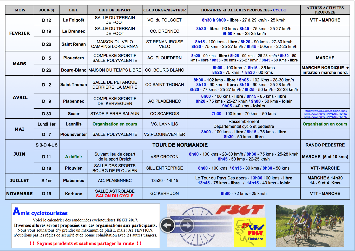 Club Cycliste BourgBlanc (FFC FSGT) CALENDRIER CYCLOTOURISME FSGT 2017