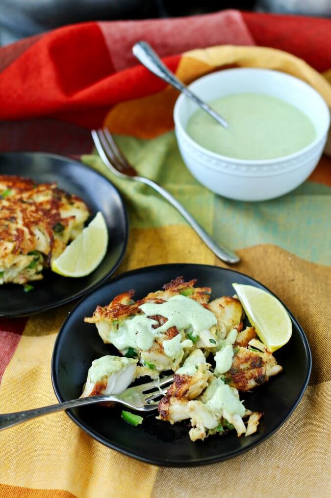Mexican-style Crab Cakes topped with Jalapeño Aioli