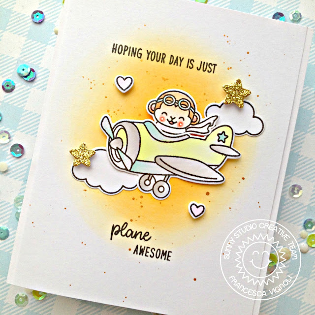 Sunny Studio Stamps: Plane Awesome Fluffy Clouds Border Dies Plane Themed Everyday Card by Franci Vignoli