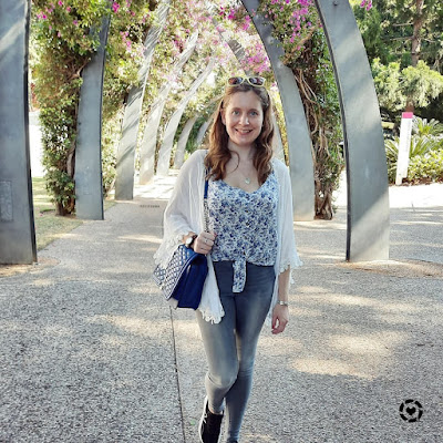 awayfromtheblue Instagram | spring crochet trim white kimono with floral cami grey jeans cobalt bag southbank