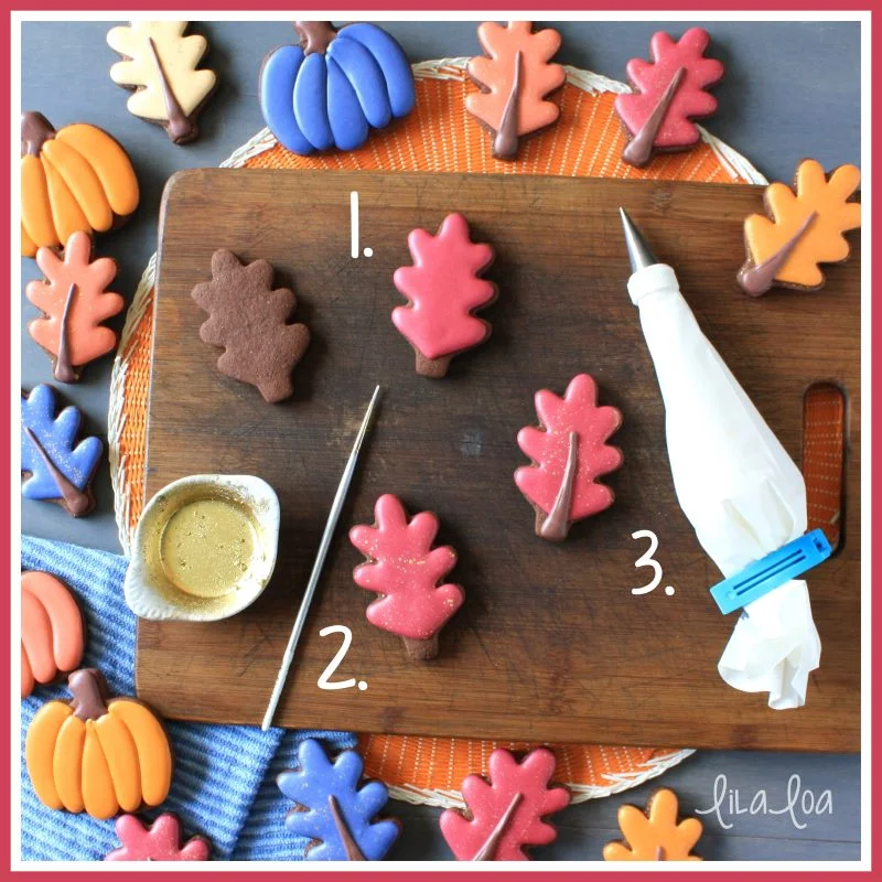Step by step tutorial for fall or autumn leaf decorated sugar cookies