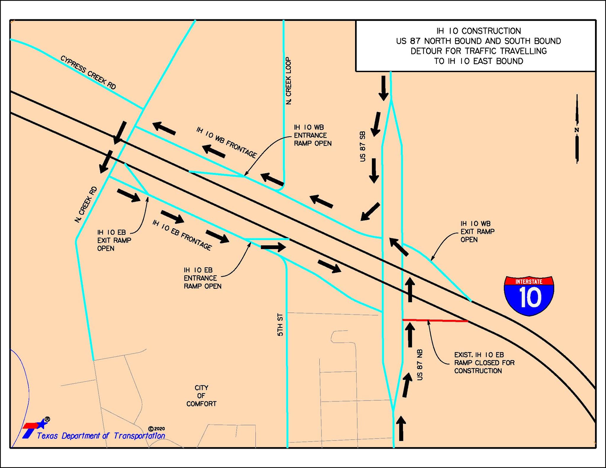 Go Ahead! US 87 Ramp to Eastbound I10 Closure in Comfort, TX