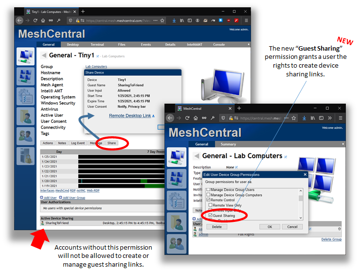MeshCentral Thermals, Windows Security, Guest Links, Messenger, Agent