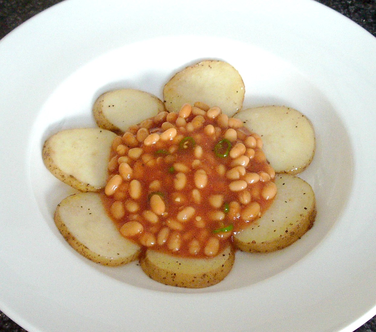 Modern Scottish Food and Recipes Sausage, Fried Potatoes and Spicy Beans