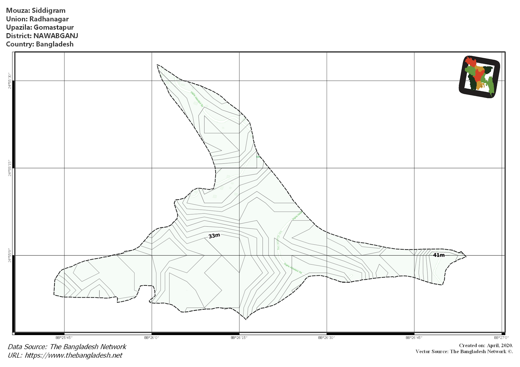 Map of Siddigram Mouza of Gomastapur Upazila, NAWABGANJ, Bangladesh.