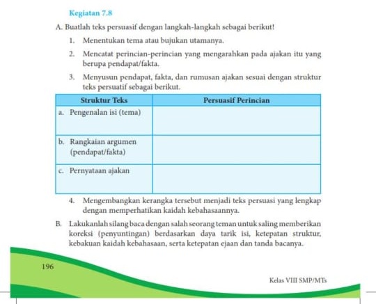 Kunci Jawaban Teks Persuasi dengan Strukturnya Bahasa Indonesia Kelas 8 Halaman 196